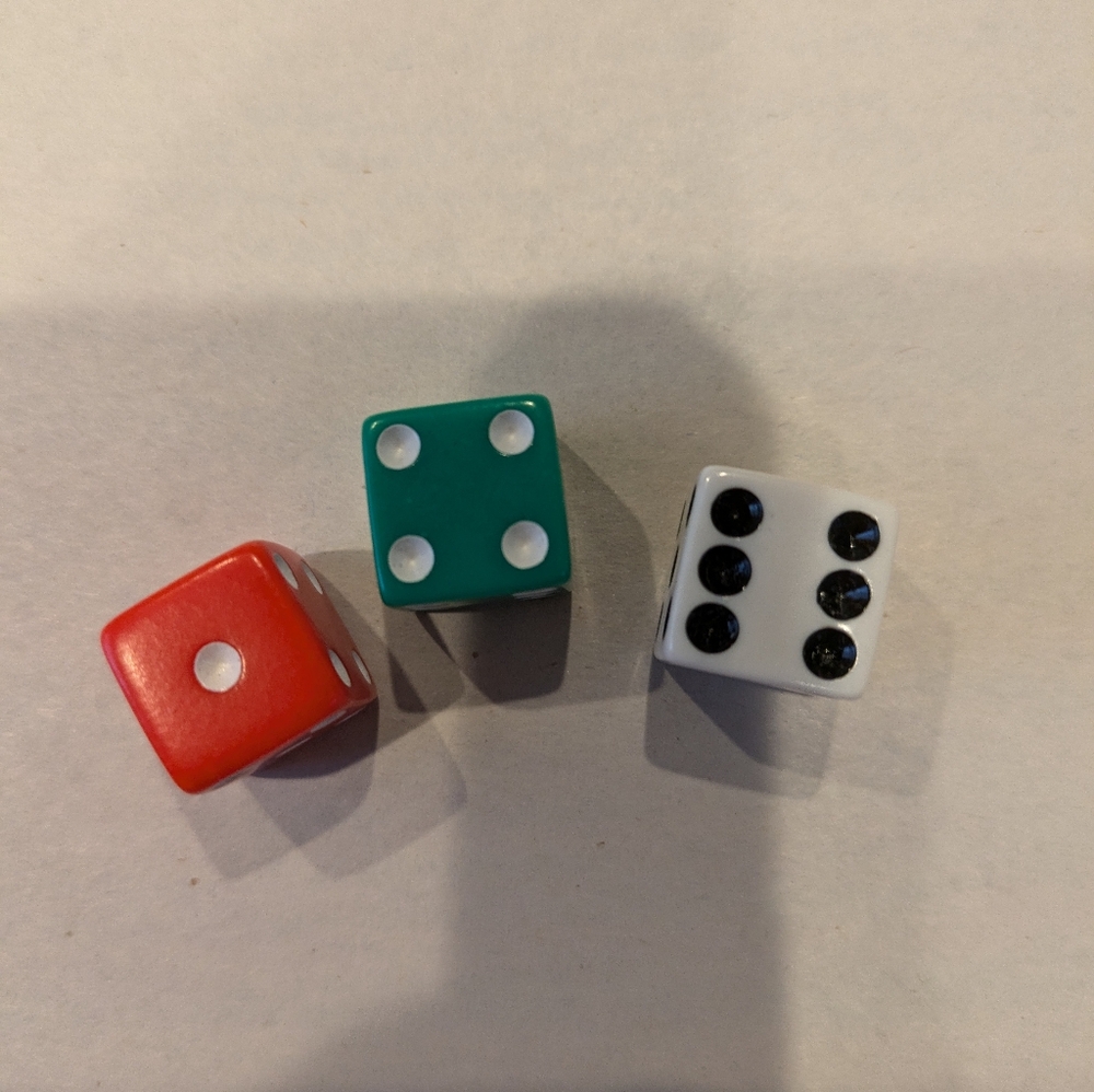 Set of three colored dice, great for math center games!